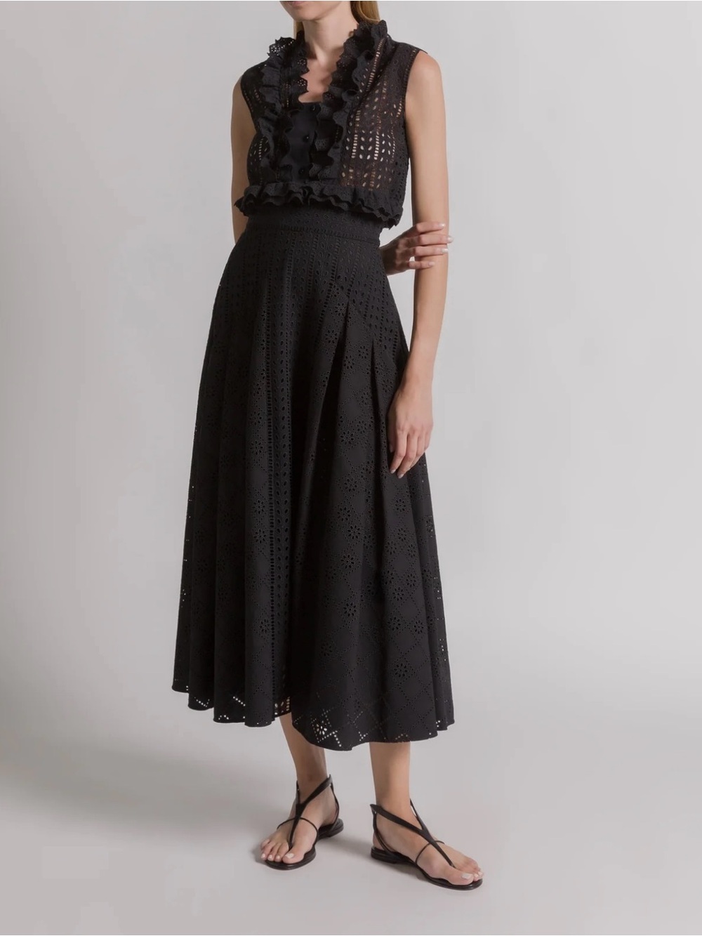 Vintage Women's Black Eyelet Midi Skirt lined- 100% Cotton